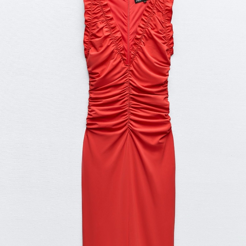 Zara Red Asymmetrical Ruched Cocktail Dress